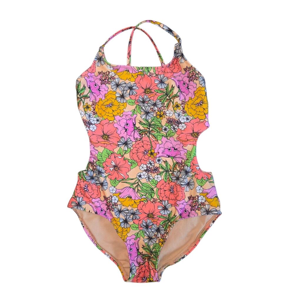 Cat & Jack Girls Floral Cut-Out One Piece Swimsuit Size L 10/12 Retro 70s Print